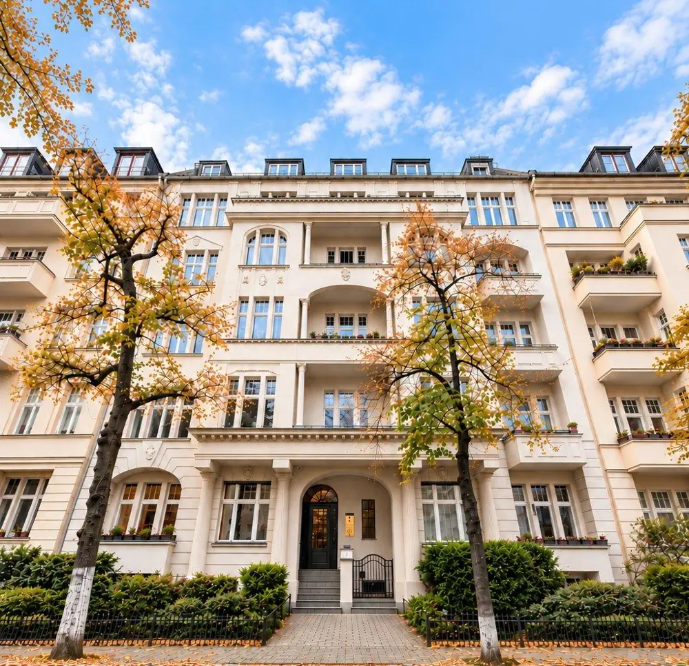 Fassade eines Wohnhauses mit Balkonen und herbstlichen Bäumen